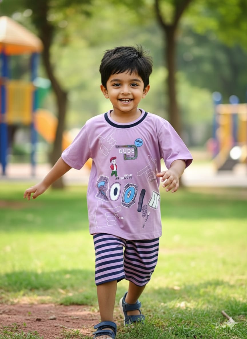 Printed T-Shirt with Striped Shorts
